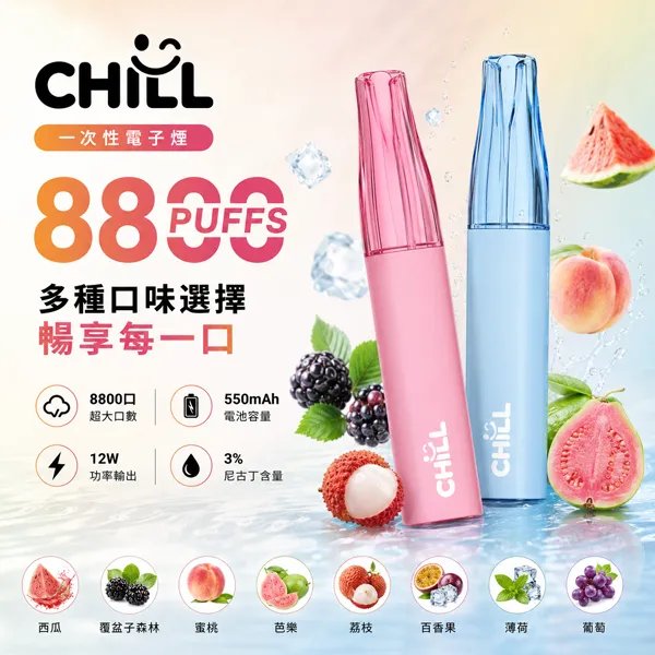 一次性電子煙-CHILL-8800.webp CHILL 鴨嘴獸 8800口一次性電子煙|8ml大容量 陶瓷霧化芯 12W穩定輸出 人體工學鴨嘴吸嘴 10種口味現貨:圖片 1